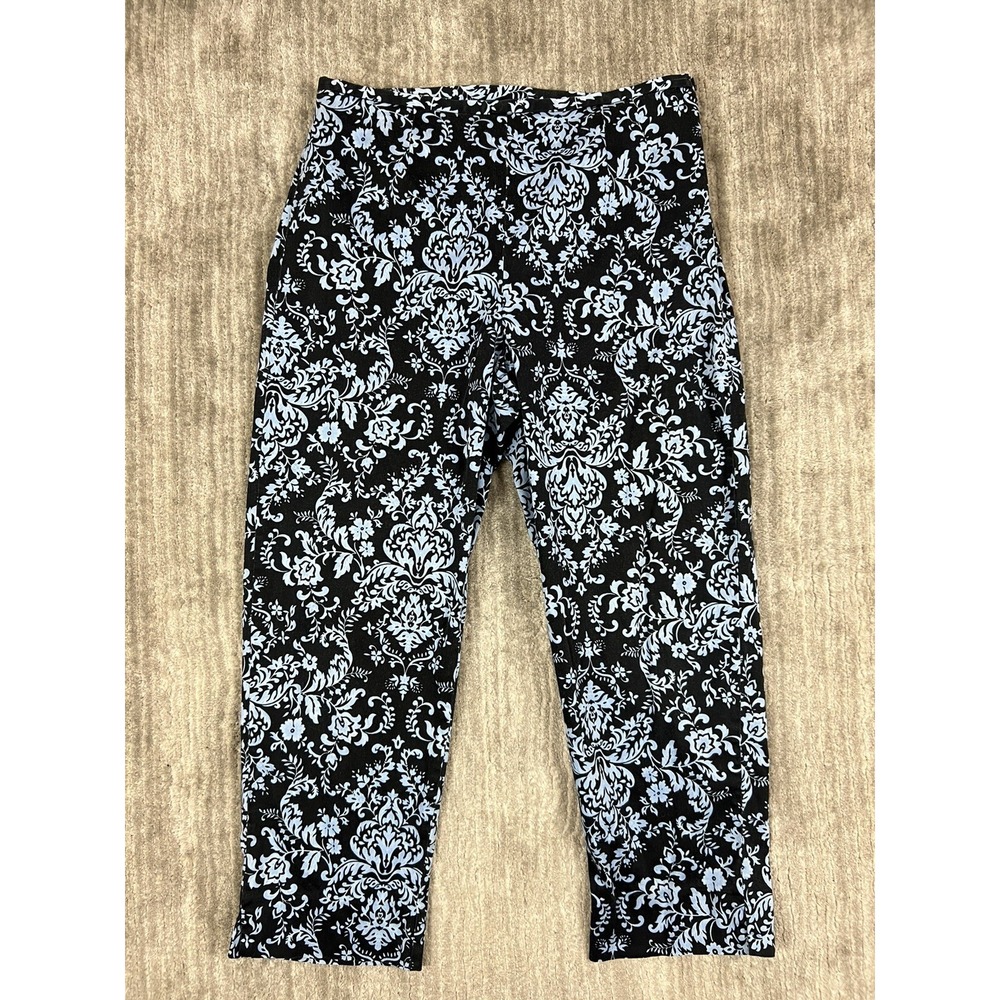 Requirements Pants Womens 12 Black Blue Damask Floral Stretch Cropped Trousers